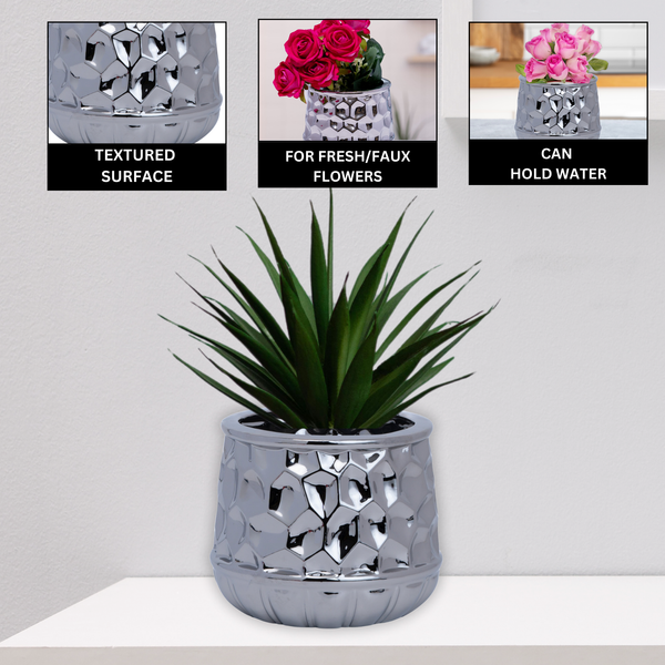 Silver Chrome Ceramic Vase, 5" Geometrical Textured Bud Vase for Fake or Fresh Flowers, Home Decor Accent by Sona Casa