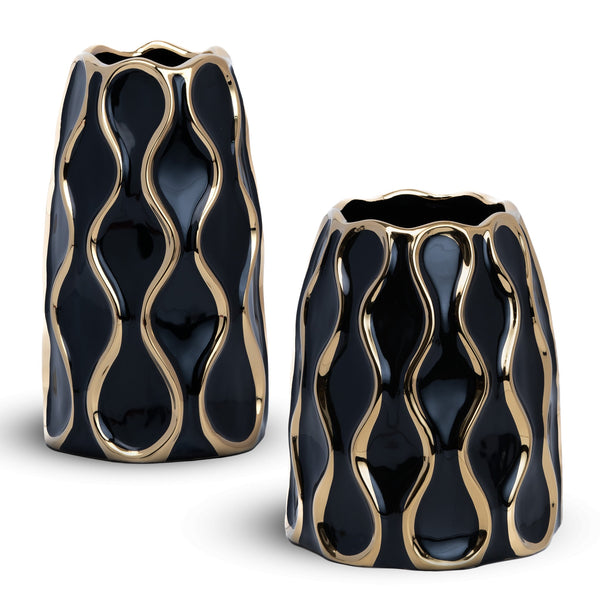Black Ceramic Vase With Golden Trim , 10" and 8" Table Vase Centerpiece by Sona Casa