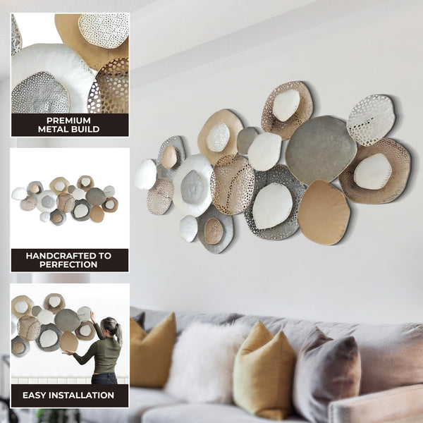 Large Metal Wall Art Sculpture, 53" Rustic Weathered Finish, Gold Silver White Home Office Decor by Sona Casa