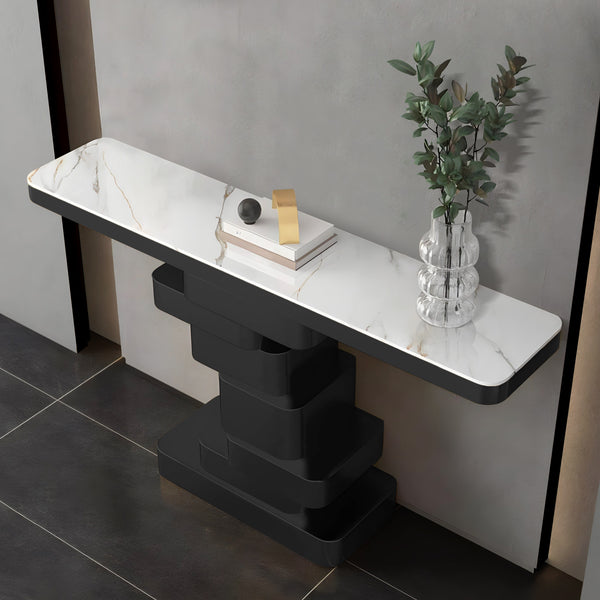 Modern 55" Console Table, High Quality White Marble Top, Matte Black Metal Steel Frame by Sona Casa