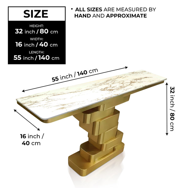 Modern 55" Golden Console Table, High Quality White Marble Top Metal Stainless Steel by Sona Casa