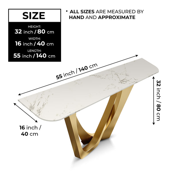 Modern 51" Golden Console Table, Premium White Marble Top Stainless Steel Metal Frame by Sona Casa