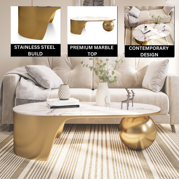 Designer 47" Golden Coffee Table, Ball Design Base, White Marble Top, Metal Frame, Home Decor by Sona Casa