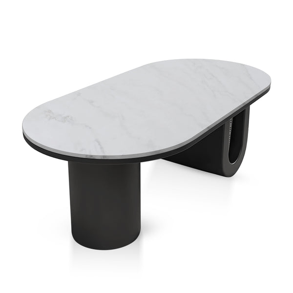 Designer Coffee Table 47" White Marble Top, Metal Blocks Matte Black Base by Sona Casa