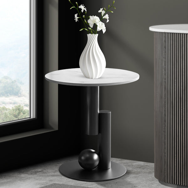 Modern Round Corner Table, 16" Side Table, White Marble Top, Metal Matte Black Frame, Centerpiece by Sona Casa