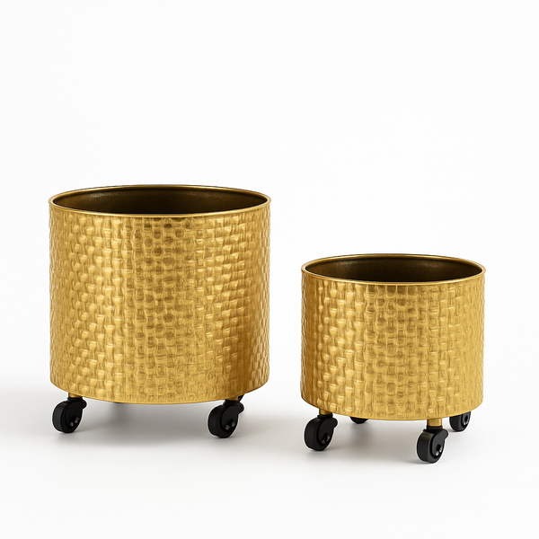 Golden Metal Foil Planter Set with Drain Plug, Indoor Plant Pot with Wheels for Fresh or Faux Plants Home Decor Gift-Sona Casa