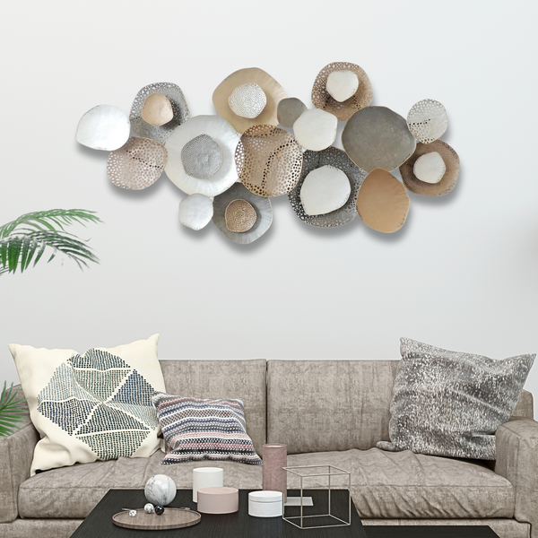 Large Metal Wall Art Sculpture, 53" Rustic Weathered Finish, Gold Silver White Home Office Decor by Sona Casa