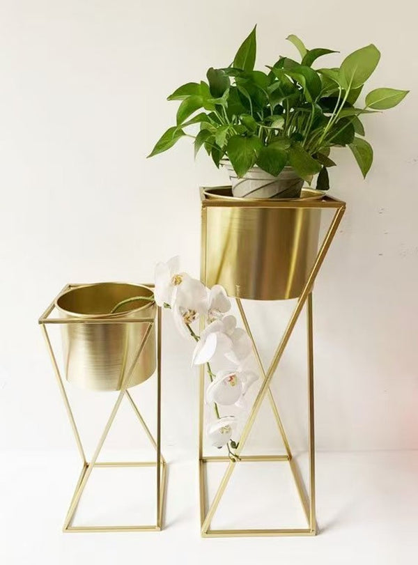 Modern Gold Planter Set with Stands, Set of 2 Tall Metal Indoor Plant Pots for Home, Office, Living Room Decor-Sona Casa