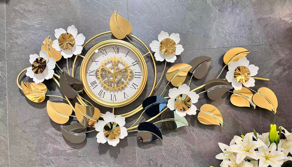 Large Elegant Wall Clock with Quartz Movement, Gold White Silver Floral Design Horizontal or Vertical Modern Decorative Home Accent Clock-Sona Casa