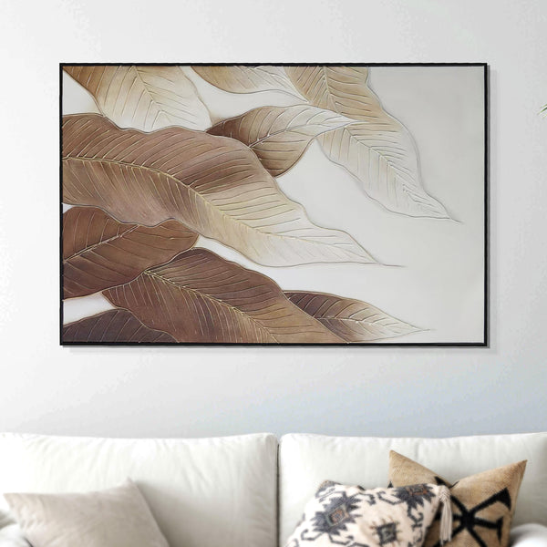 Botanical Wall Art, 47" Impasto Brown Textured Painting, Leaves Home Decor by Sona Casa