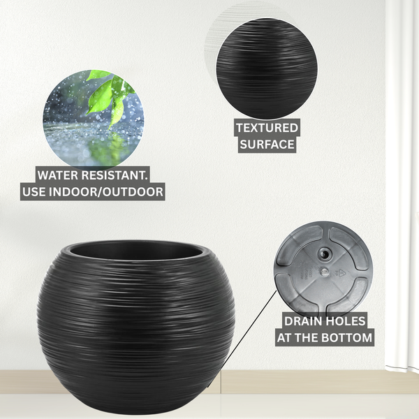 Round Black Plant Pot, Indoor Outdoor Home, Office, Patio, Front Porch, Backyard Decor, 18" Succulent Planter by Sona Casa