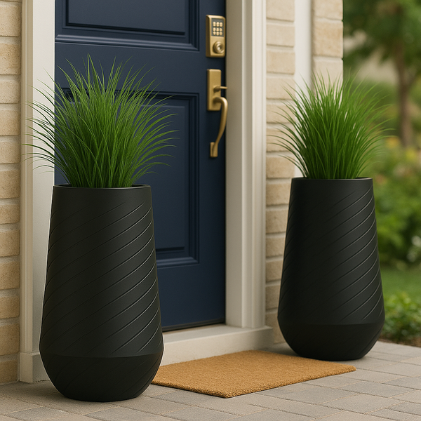 Set of 2 Tall Black Indoor Self Watering Decorative Planters, 27 Inch Tall Black Planter with Riser Pot, Drain Hole-Sona Casa
