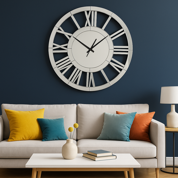 Large 60 cm Round Glass Mirror Wall Clock, Modern Roman Numeral Decorative Clock, Above Bed, Couch Decor, Gift-Sona Casa