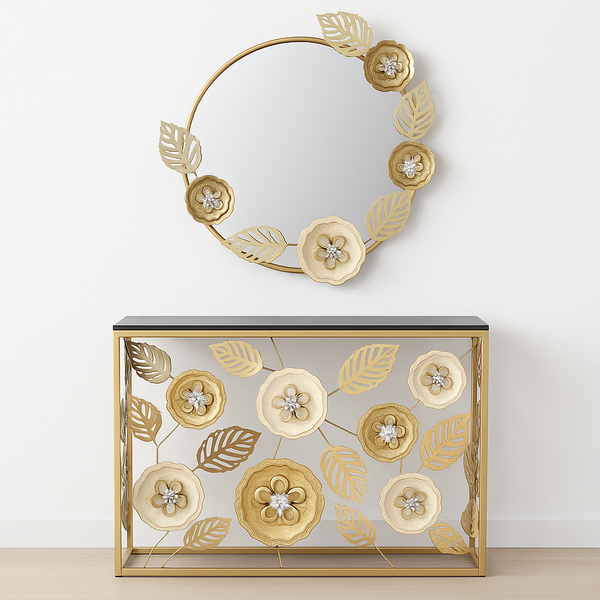 Designer Metal Console with Mirror, Floral, Decorative-Sona Casa