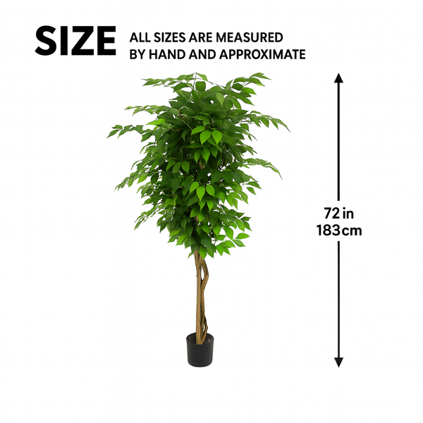 Artificial Ficus Tree, Lifelike Leaves Trunk 6 ft Tall Fake Ficus Leaves Plant with Black Cement Base for Indoor Decor-Sona Casa