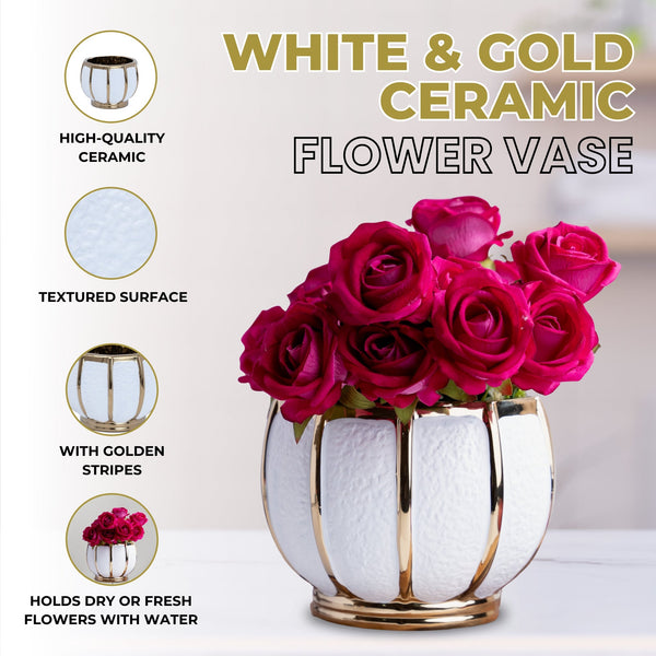 White Ceramic Bowl, Textured Bowl with Golden Stripes, Tabletop Decor Bowl, Fresh Flower Vase for Kitchen Countertop, Dining Table, Bathroom, Entryway, Corridor by Sona Casa