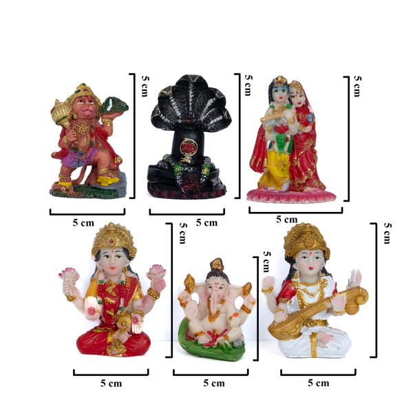Pack Of 6 Mini Multicolor Polyresin, 2" Hindu Gods Figurines, Pooja Decor by Sona Casa