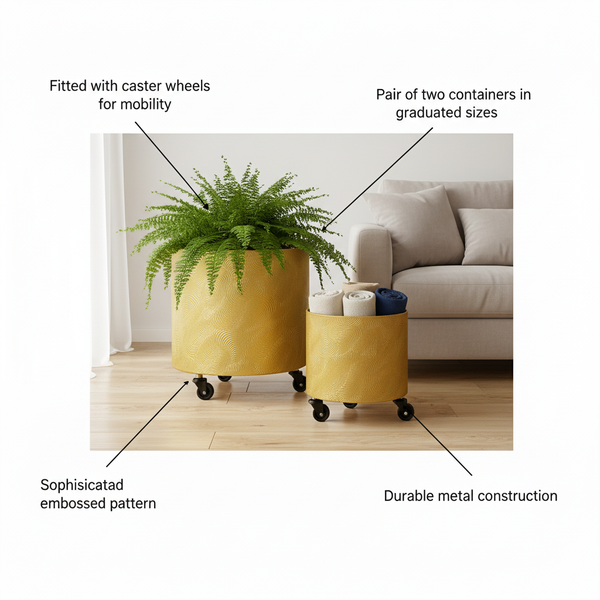 Gold Metal Foil Planters Set with Wheels and Drain Plug, Indoor Pot for Fresh or Faux Plants Home Decor Gift-Sona Casa