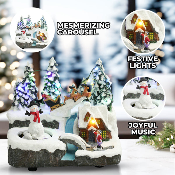 Christmas Village Set, Animated Figures, Musical Carousel, 6" Xmas Decor by Sona Casa