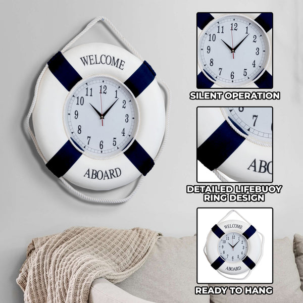 Nautical Round Wall Clock, 18" Silent Decorative Clock, Lifebuoy Coastal Beach Themed Decor, Nautical Gifts by Sona Casa