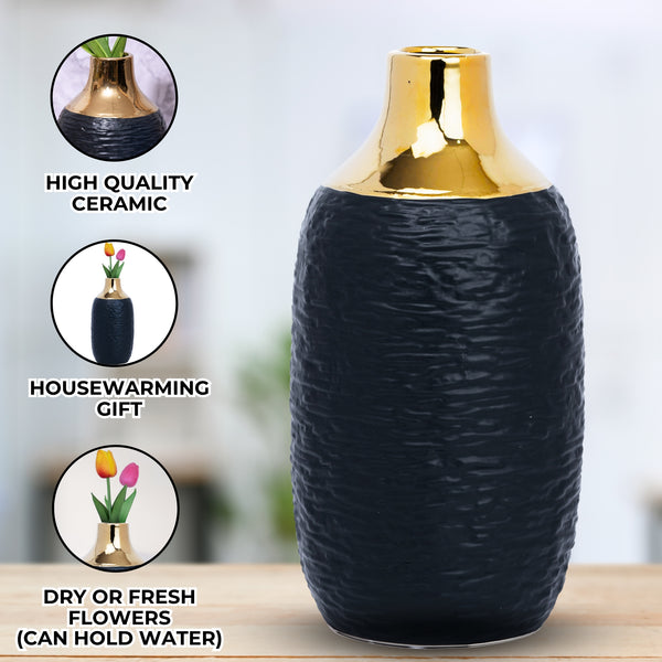 Black Ceramic Minimalist Vase With Golden Rim, 12" Modern Flower Vase by Sona Casa