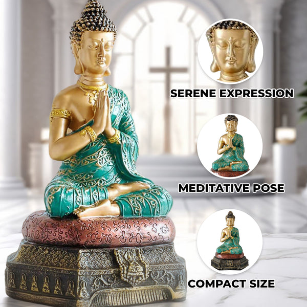 Small Buddha Statue, 9" Religious Decor Gifts, Green Gold Tabletop Desktop Shelf Prayer Room Ornament by Sona Casa