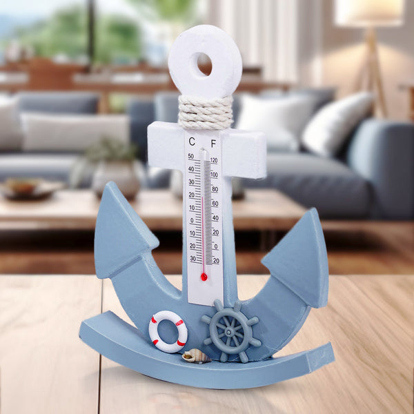 Wooden Anchor Desk Statue with Temperature Gauge, 8" Decorative Nautical Decor, Beach Themed Home Decor, Gifts by Sona Casa