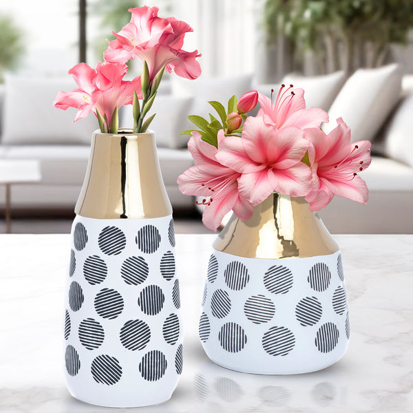 White Ceramic Bouquet Vase Pair, 8" and 13" Abstract Decorative Vase by Sona Casa