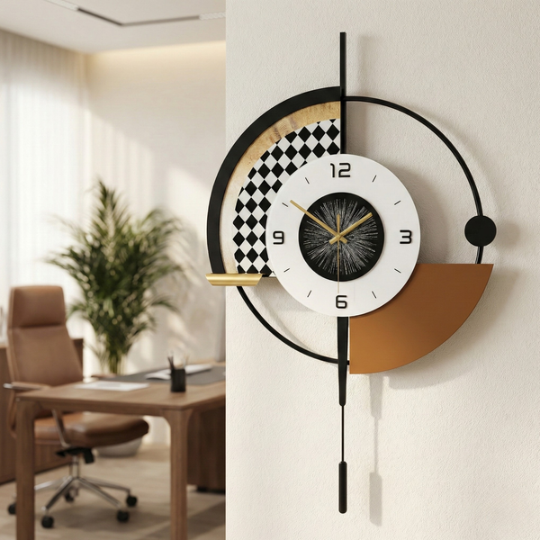 Modern Black and White Wall Clock with LED Light, Remote Controlled, Unique Geometric Design, Pendulum, Living Room Decor, Gift-Sona Casa