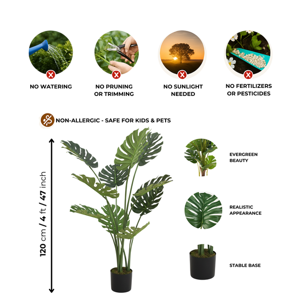 Large Artificial Monstera Plant, 120cm Nealy Natural with Cement Base, Indoor, Patio, Porch, Home Office Decor, Gifts-Sona Casa