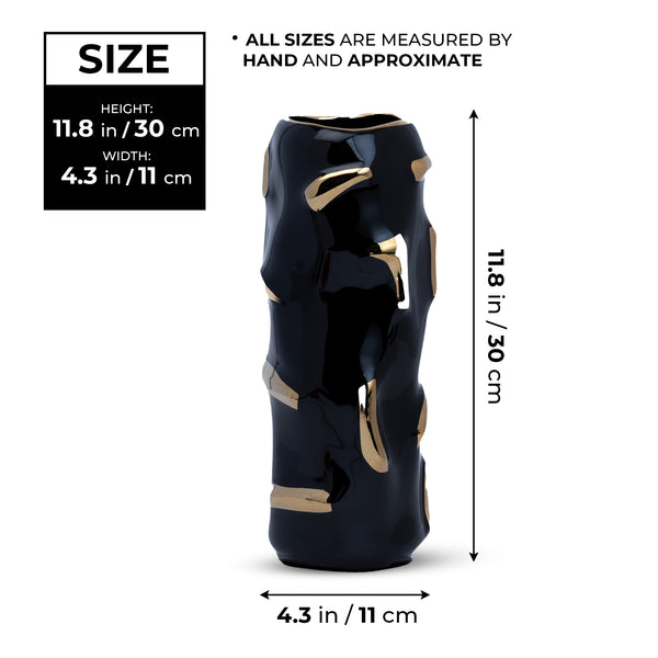 Abstract Black Ceramic Vase, Golden Highlights, 12" Table Decor by Sona Casa