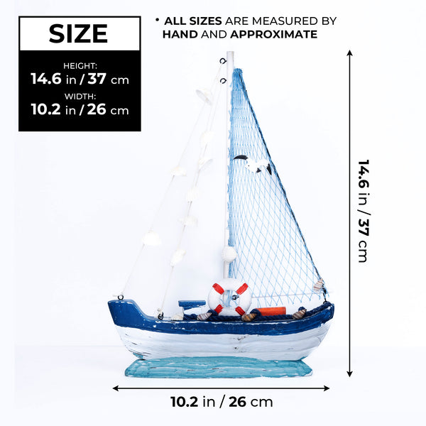 Handmade Wooden Sailboat, 15" Nautical Table Sculpture, Rustic Boat Model, Desk Shelf Decor, Gifts by Sona Casa
