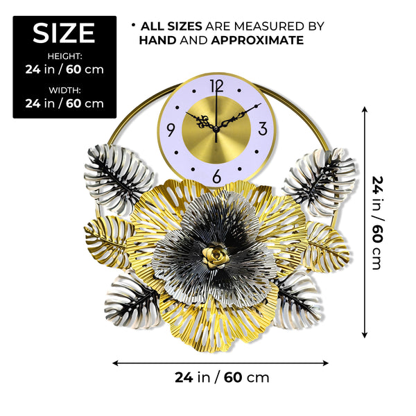 Floral Metal Wall Clock, 24" Home Decor, Silent Nonticking Extra Large Decorative Clock Wall Decor by Sona Casa