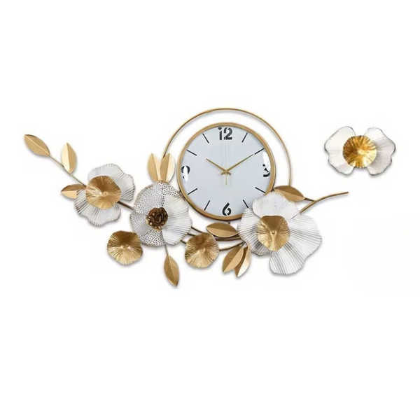 Gold and White Metal Wall Clock, Extra Large 37" Floral Designer Silent Clock, Oversized Home Office Décor by Sona Casa