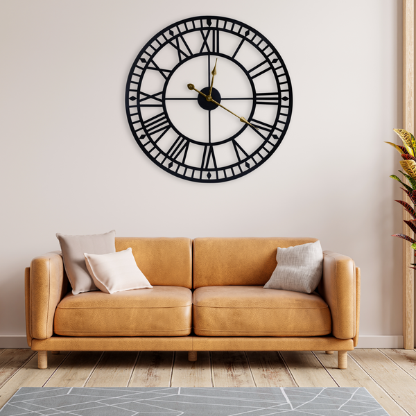Oversized Round Metal Wall Clock, Large 32" Black Roman Numeral Silent Non Chime Clock, Home Office Decor-Sona Casa