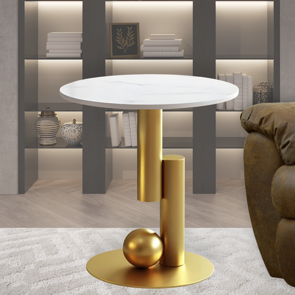 Modern Round Corner Table, 16" Marble Top, Gold Metal Frame, Side, Centerpiece, Home Accent by Sona Casa