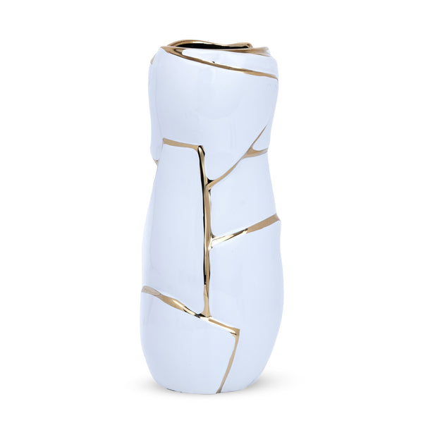 Abstract White Ceramic Golden Lines Vase - Elegant Table Centerpiece For Fresh & Faux Flowers by Sona Casa