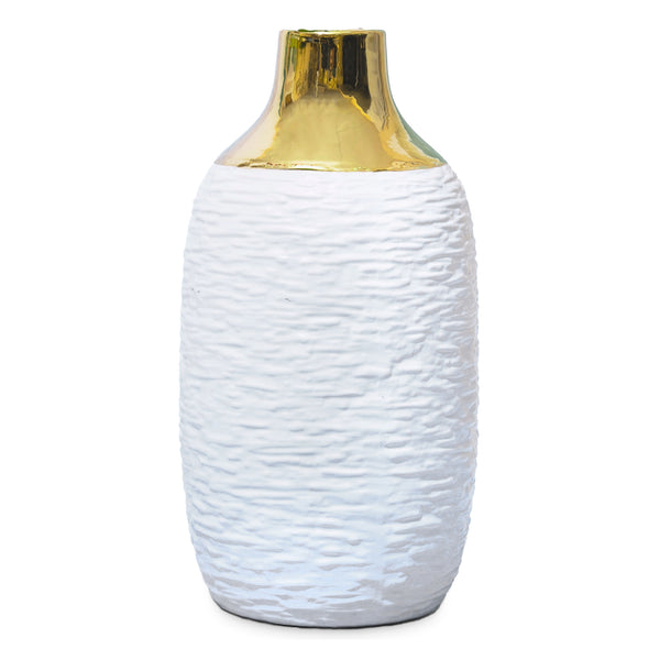 White Ceramic Vase, Golden Rim, 12" Abstract Tabletop Decor by Sona Casa
