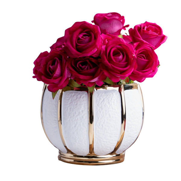 White Ceramic Bowl, Textured Bowl with Golden Stripes, Tabletop Decor Bowl, Fresh Flower Vase for Kitchen Countertop, Dining Table, Bathroom, Entryway, Corridor by Sona Casa