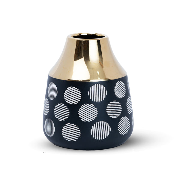 Black Ceramic Tulip Vase, Abstract, Golden Rim, 8" and 13" Table Vase Pair by Sona Casa