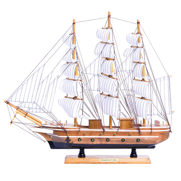 Brown And White Wooden Ship Model With Realistic Cloth Sails, Marine-Inspired Decoration For Nautical Charm by Sona Casa