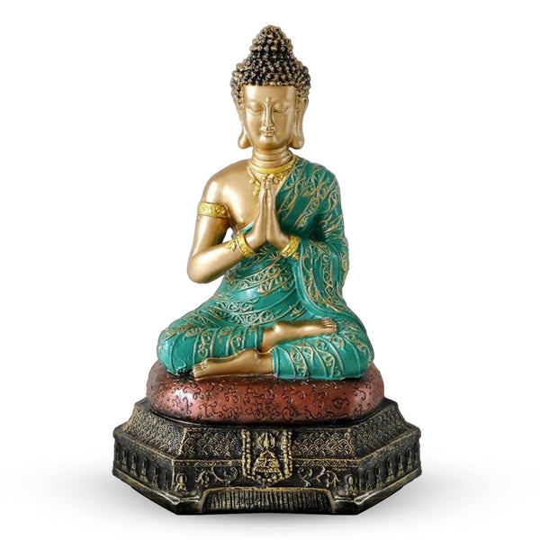 Small Buddha Statue, 9" Religious Decor Gifts, Green Gold Tabletop Desktop Shelf Prayer Room Ornament by Sona Casa