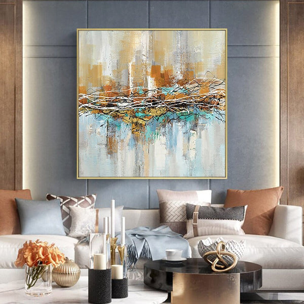 Aura - Cityscape Canvas Art, Textured Abstract City Painting, Original Oil Wall Art for Modern Living Room Decor by Sona Casa