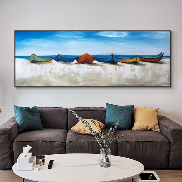 Sail Beyond' Original Oil Painting with Colorful Boats, Blue Seaside - Textured Coastal Artwork Living Room Decor, Housewarming Gift by Sona Casa
