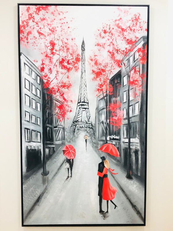 Eiffel Tower Paris Europe Painting, People in the Rain with Red Umbrella Modern Wall Art, Abstract Painting Hand Painted Oil Painting by Sona Casa