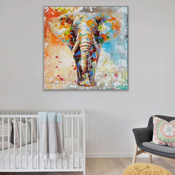Elephant Painting Handmade - Colorful Wall Art on Canvas for Nursery, Whimsical Animal Decor Gift by Sona Casa