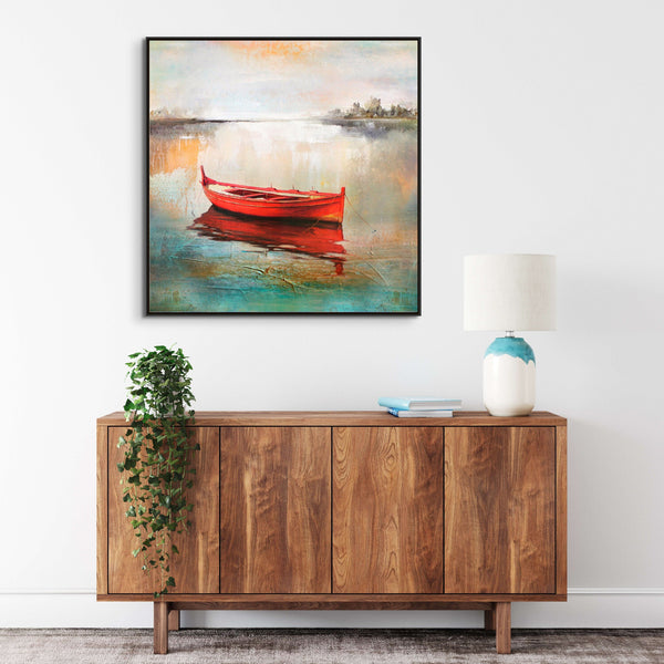 Boat Art - Handmade Abstract Lake Scene, Textured Canvas Painting for Modern Living Space or Office Wall Decor by Sona Casa