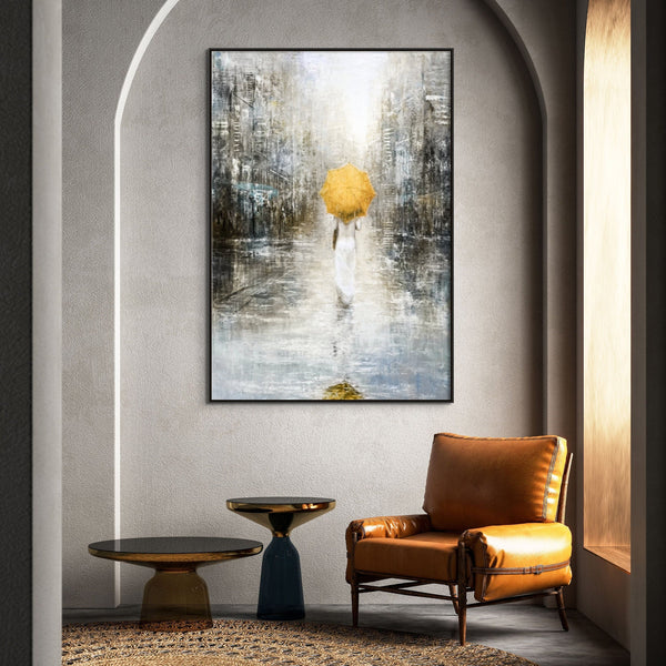 Lost in the City, Large Painting of Girl in Rain, Abstract Painting, Original Art, Oil Painting for Living Room, Oversized Wall Art, Yellow by Sona Casa