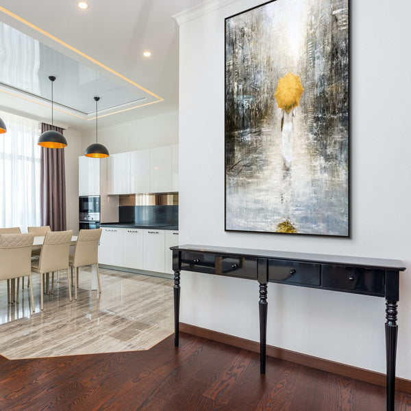 Lost in the City, Large Painting of Girl in Rain, Abstract Painting, Original Art, Oil Painting for Living Room, Oversized Wall Art, Yellow by Sona Casa