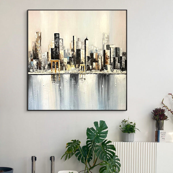 Abstract City Painting, Large Skyline Wall Art, Minimalist Urban Decor for Living Room, Artistic Housewarming Present by Sona Casa